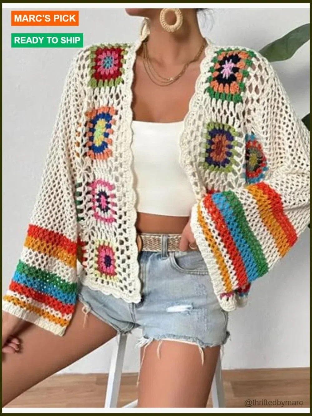 Floral Crochet Cardigan Sweater Boho Hollow Out Open Front Long Sleeve Retro
